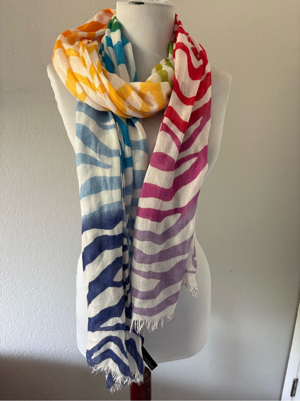 Cynthia Rowley linen blend rainbow zebra print scarf